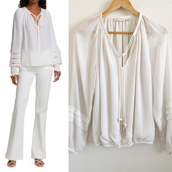 Ramy Brook Tops - Ramy Brook White Silk Puff Sleeve Peasant Blouse Wooden Beaded Tassel XS